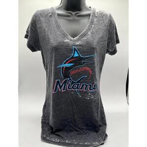 Miami Marlins Womens T-Shirt Medium V-Neck Distressed Gray MLB Logo Tee